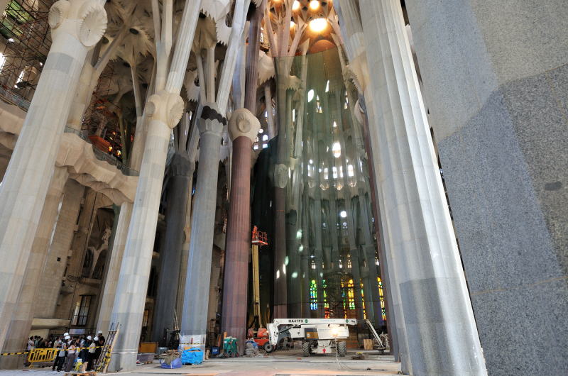 成長を続ける樹木のような柱が林立した身廊部、柱は長いもので２１mある